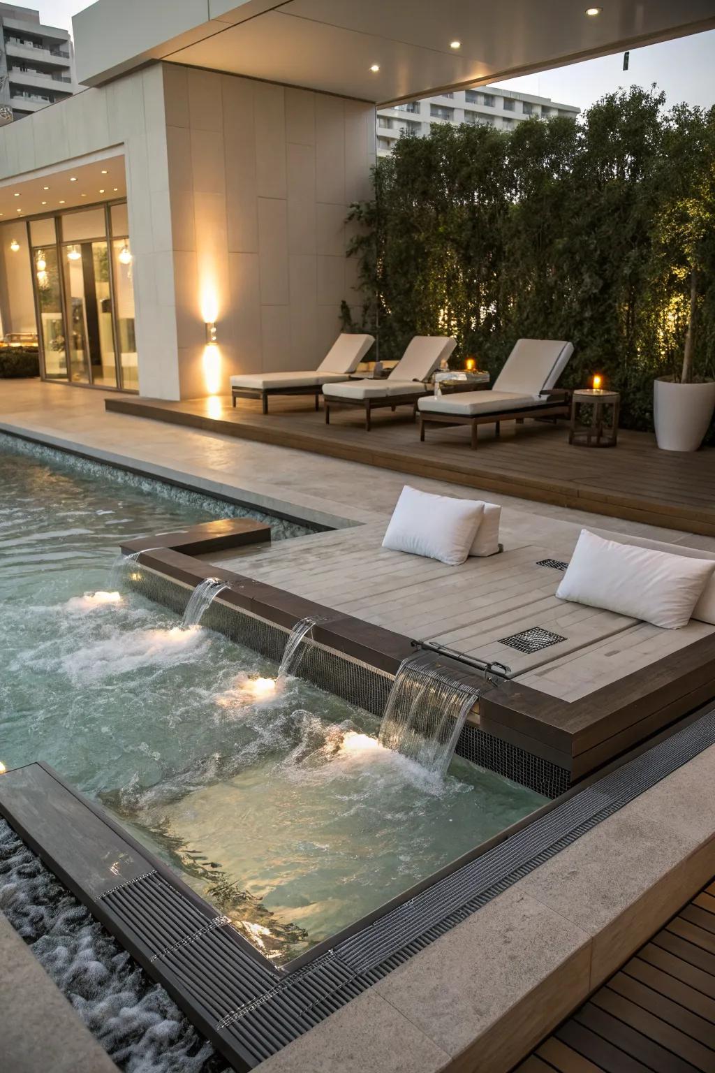 A floating deck offers a stylish and practical addition to your spa spillover.