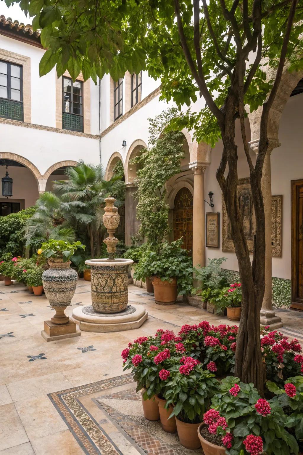 Urns and sculptures add classical elegance.