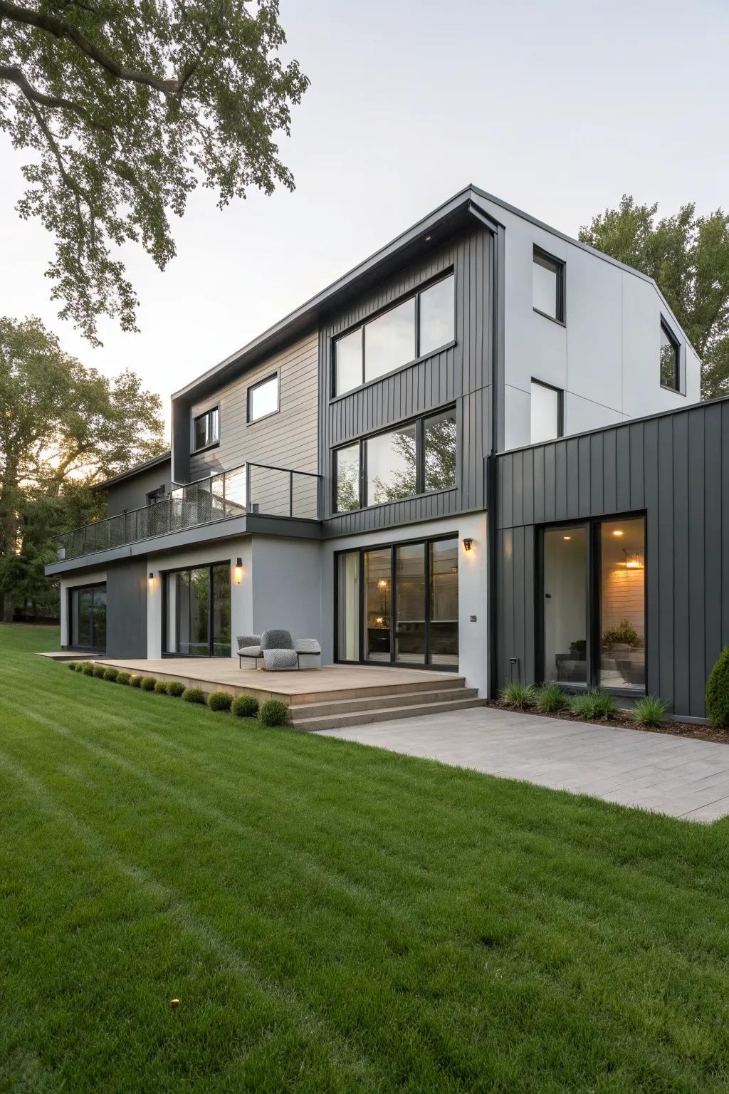 Monochrome shades of gray give this split-level a sleek, modern look.
