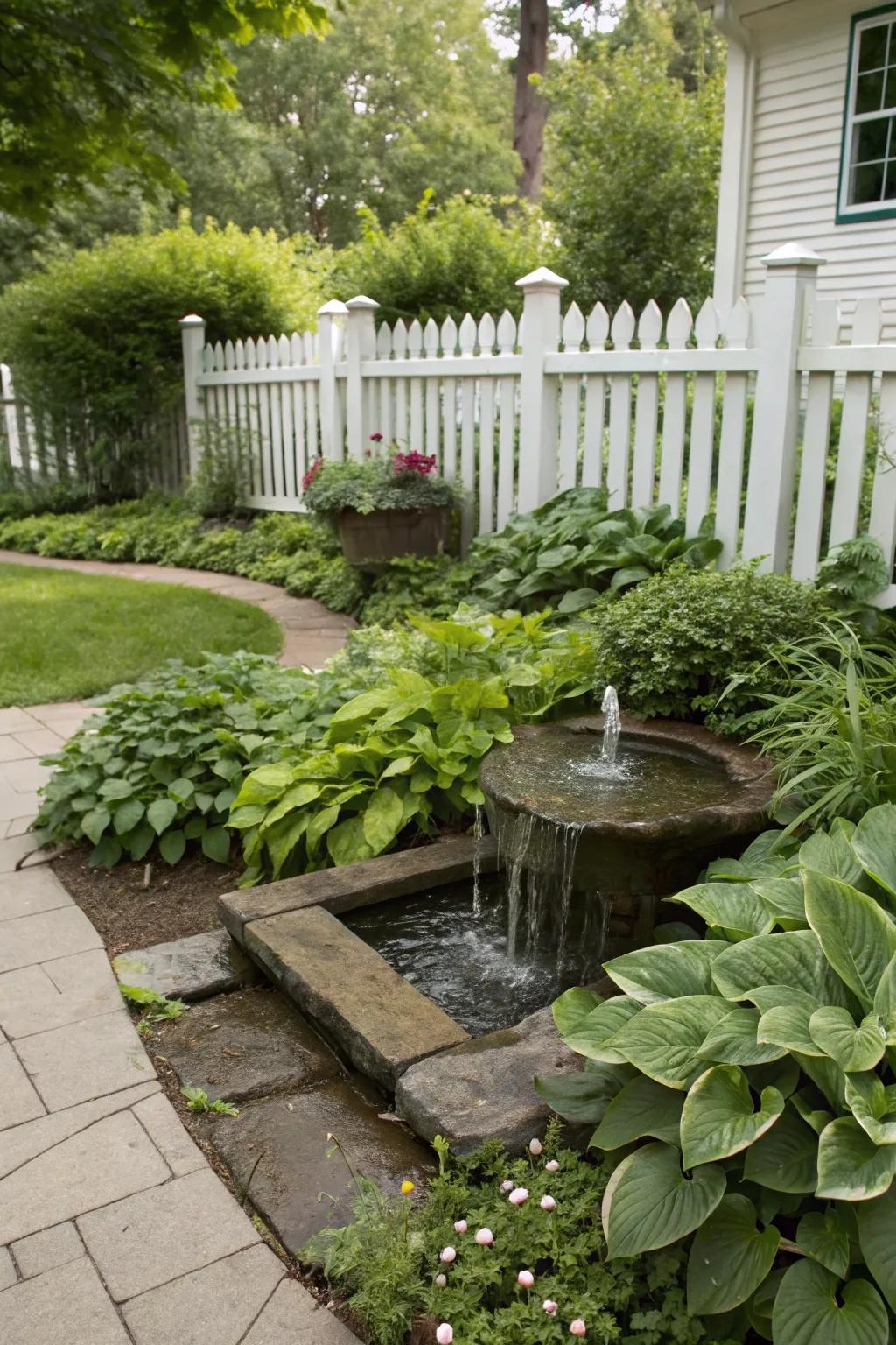 A hidden water feature adds surprise and tranquility.