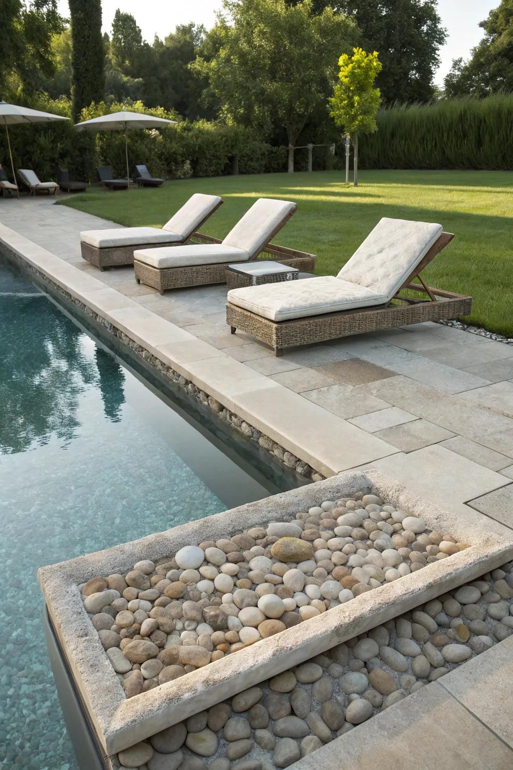 Stone-embedded loungers provide a chic and relaxing poolside experience.
