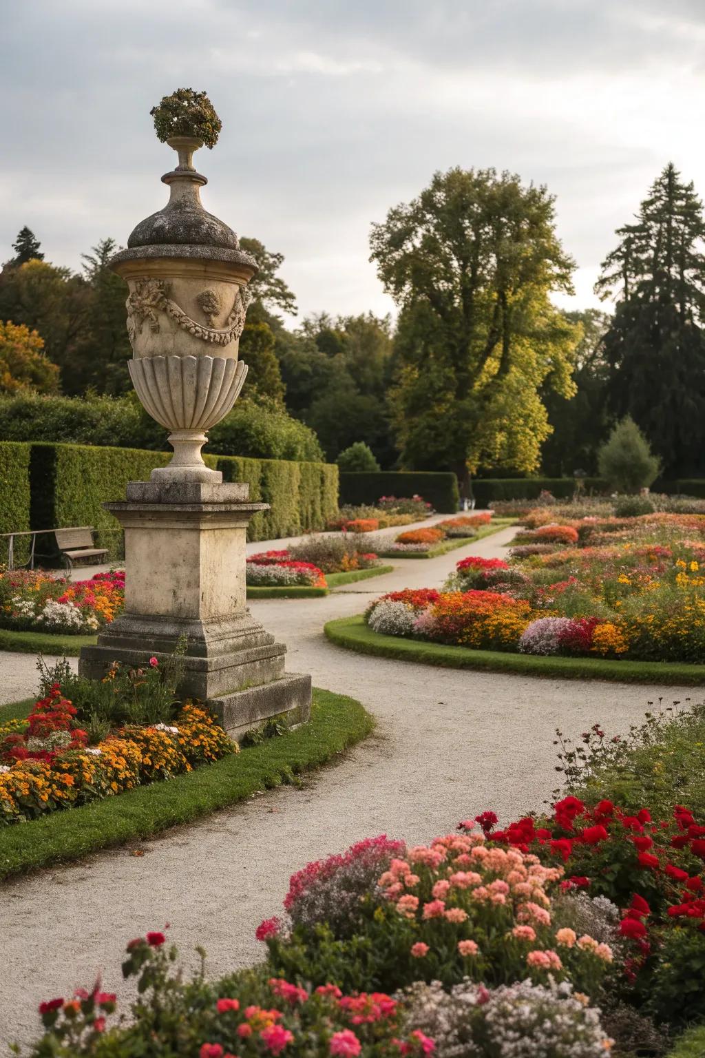 Stone sculptures serve as artistic focal points in gardens.