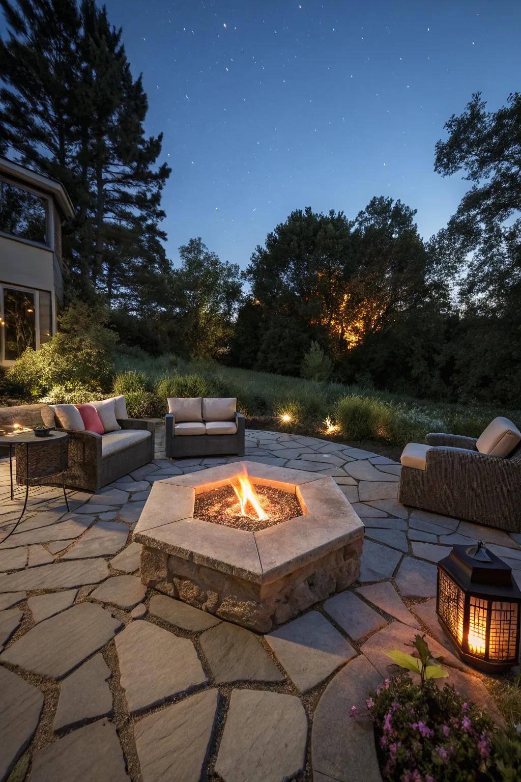 Add intrigue with an unusually shaped fire pit.