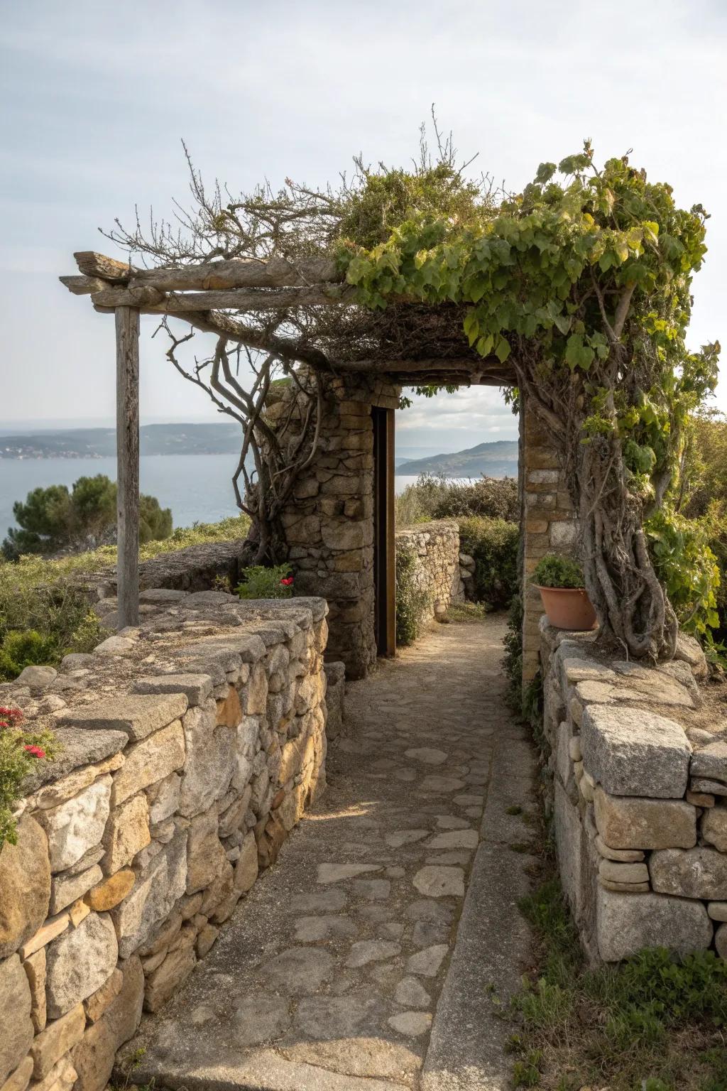 Rustic arbor crowning a stone wall creates a welcoming entrance.