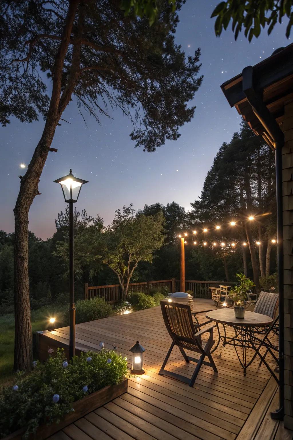 Solar-powered lights illuminate your deck sustainably.