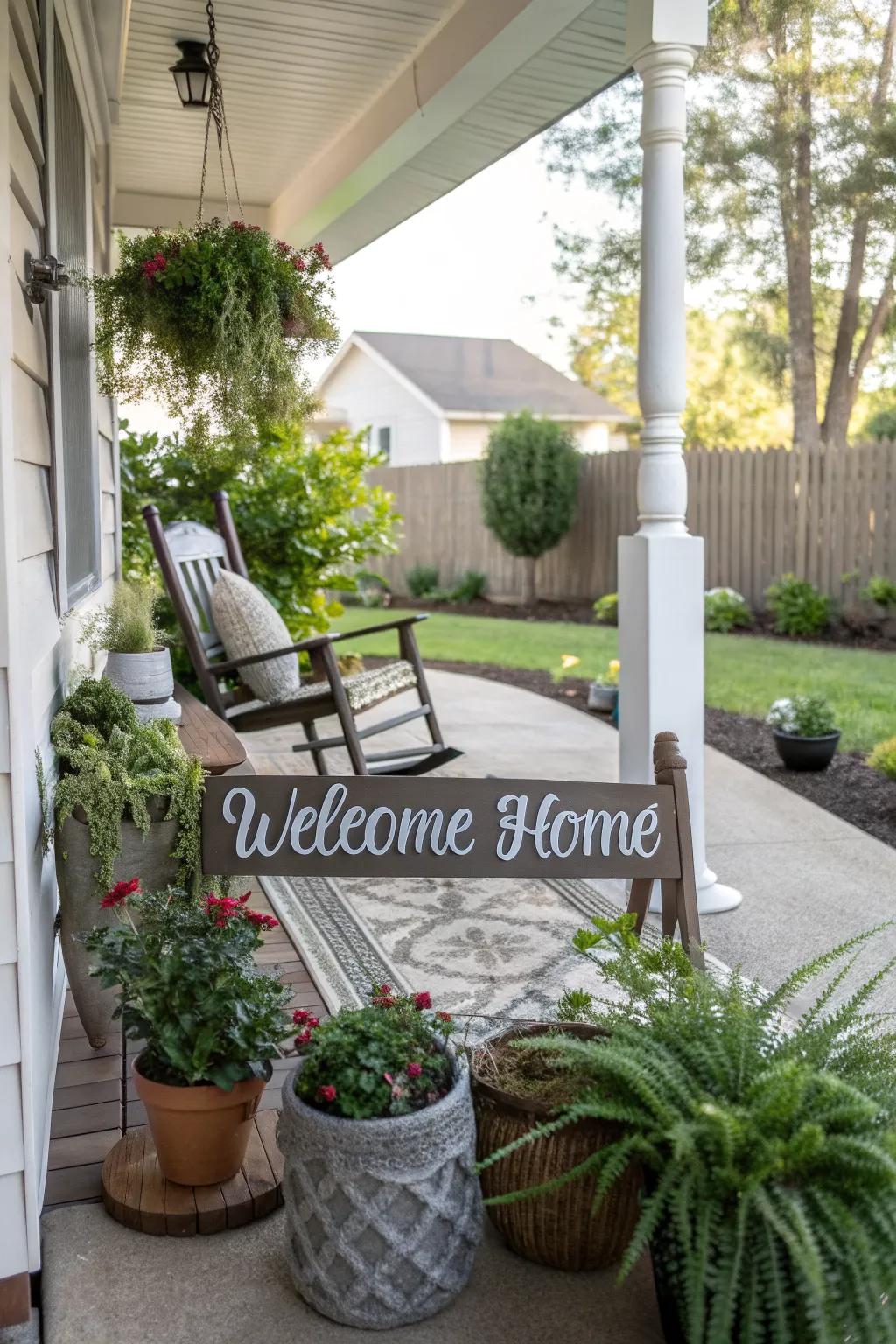 A personalized sign adds a unique touch to the porch.