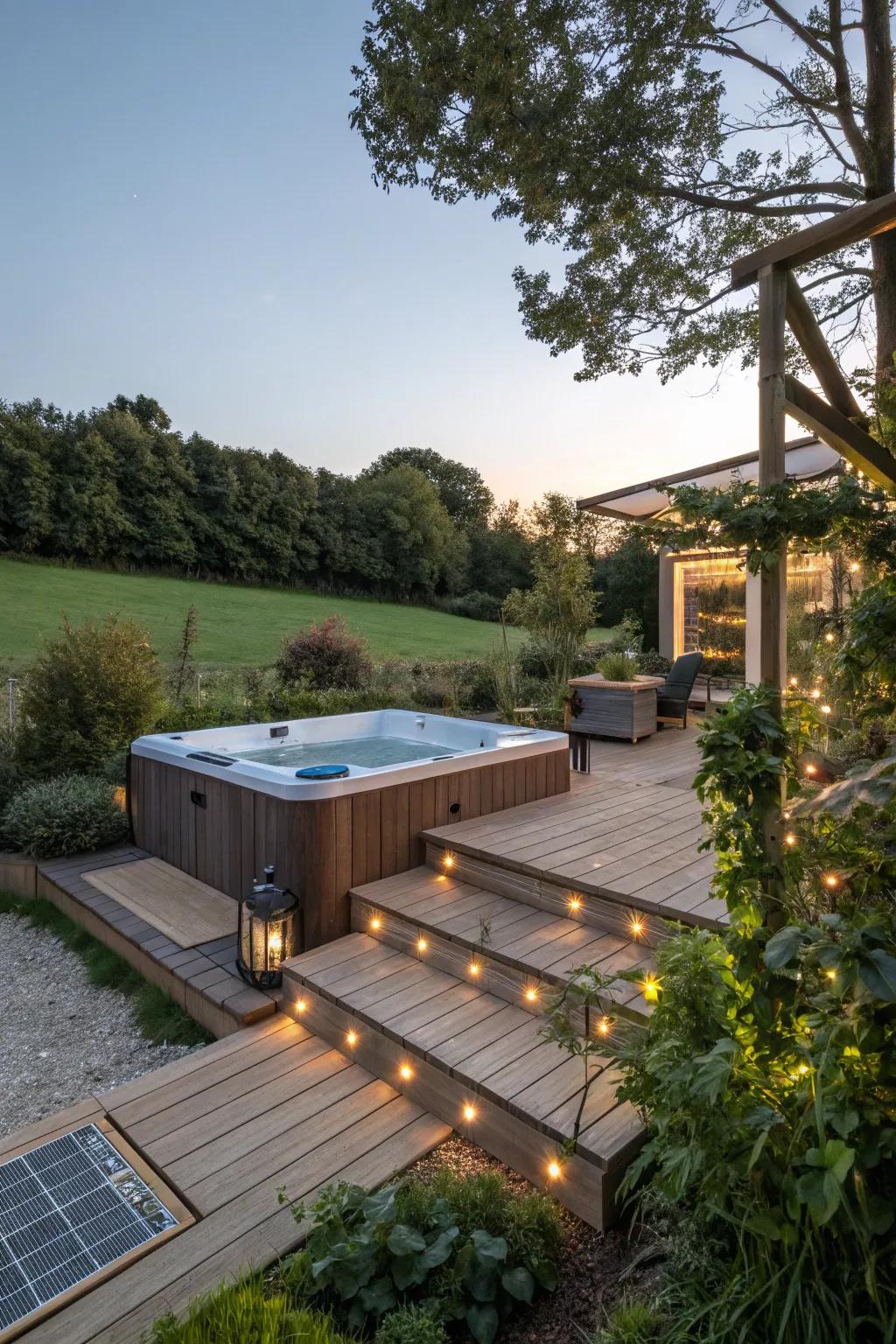 A sunken hot tub deck featuring eco-friendly elements for sustainability.