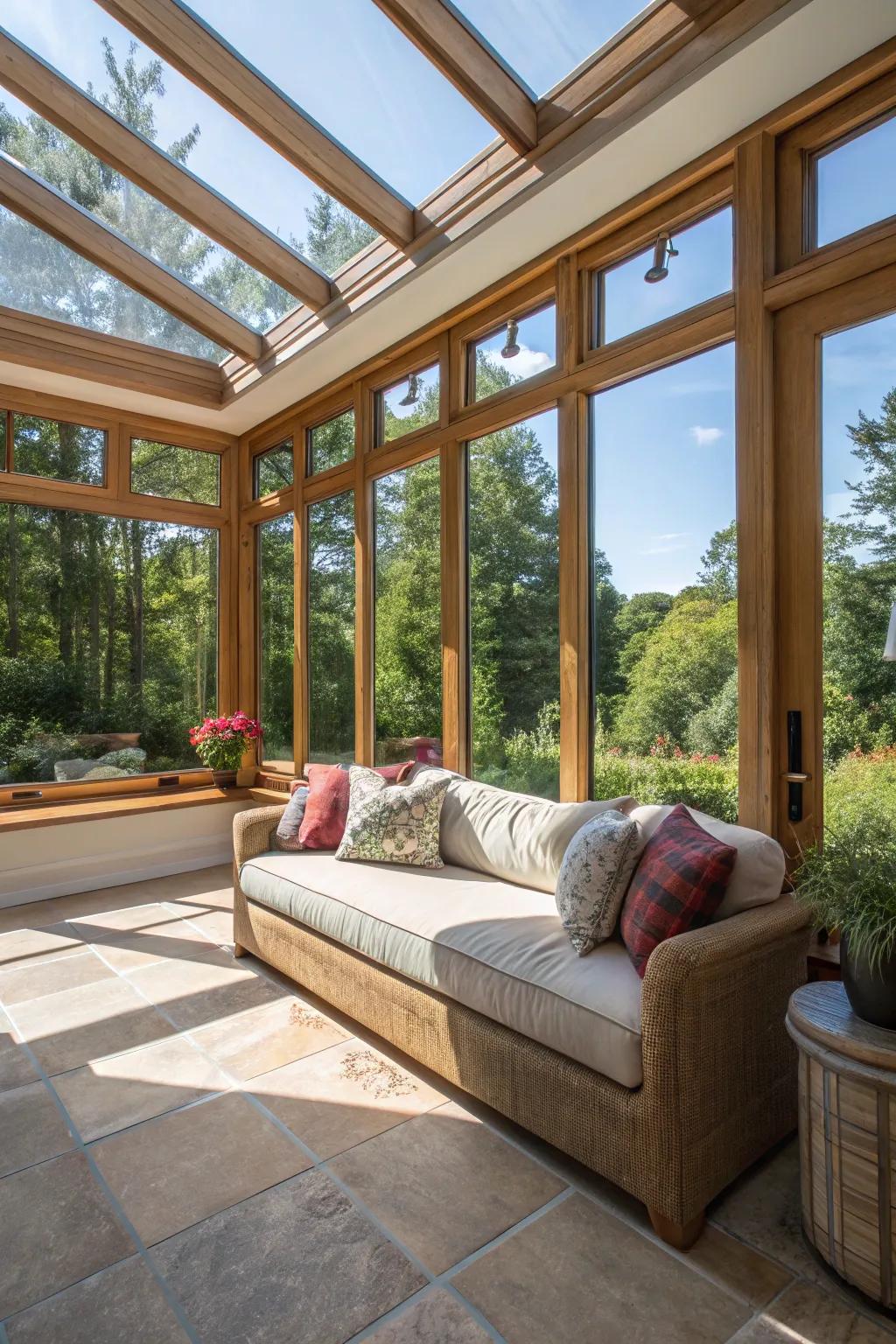 A low-profile sofa keeps this sunroom feeling open and inviting.