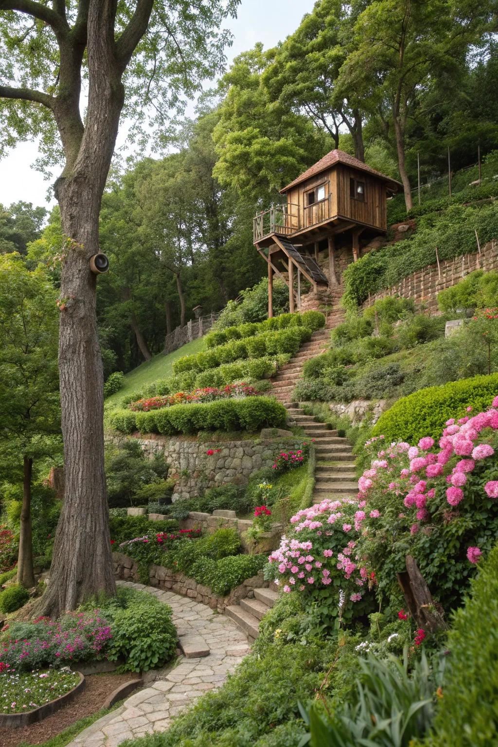 Terraced garden with a charming treehouse or viewing platform providing a unique retreat on a slope.