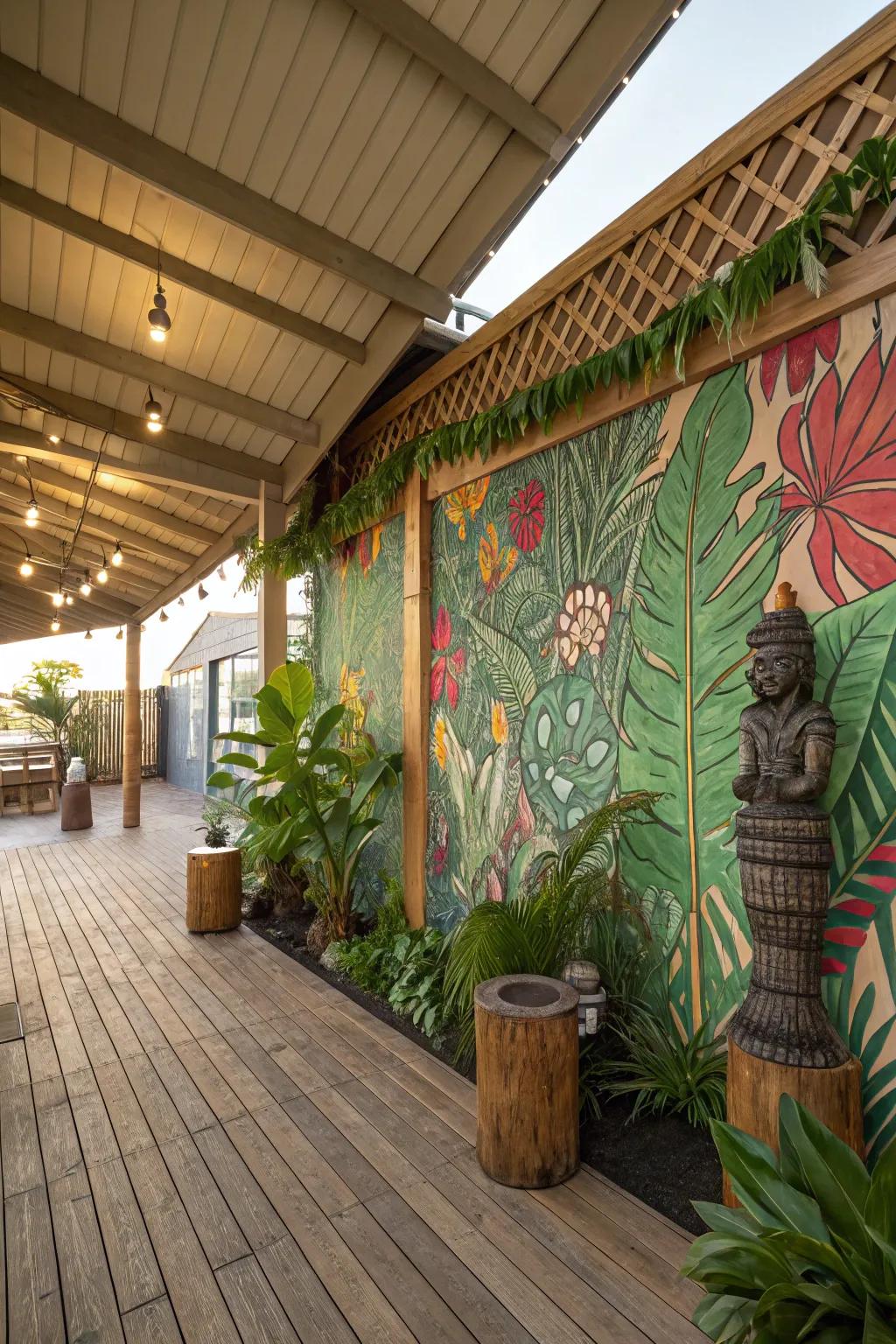 A tropical mural transforms the deck into an exotic getaway