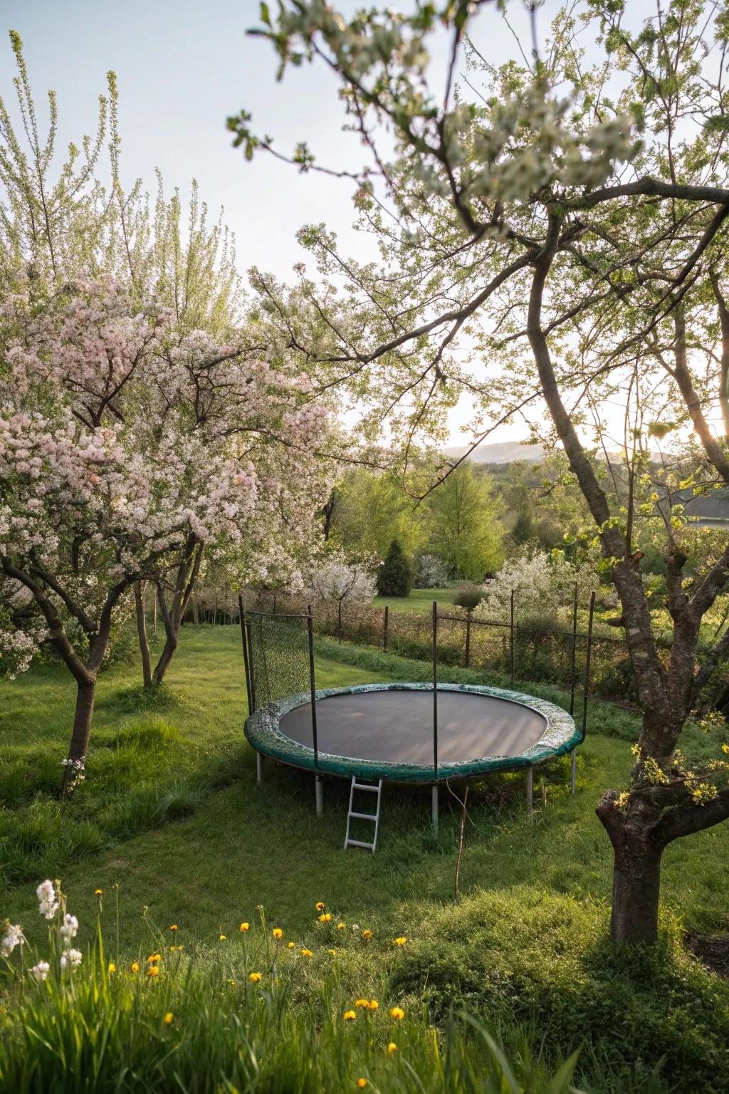 Combine play with harvest in a trampoline orchard.