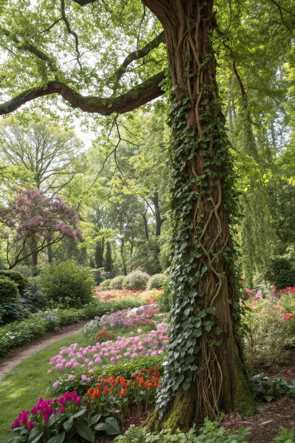 Vines climbing a tree create a lush and textured landscape.