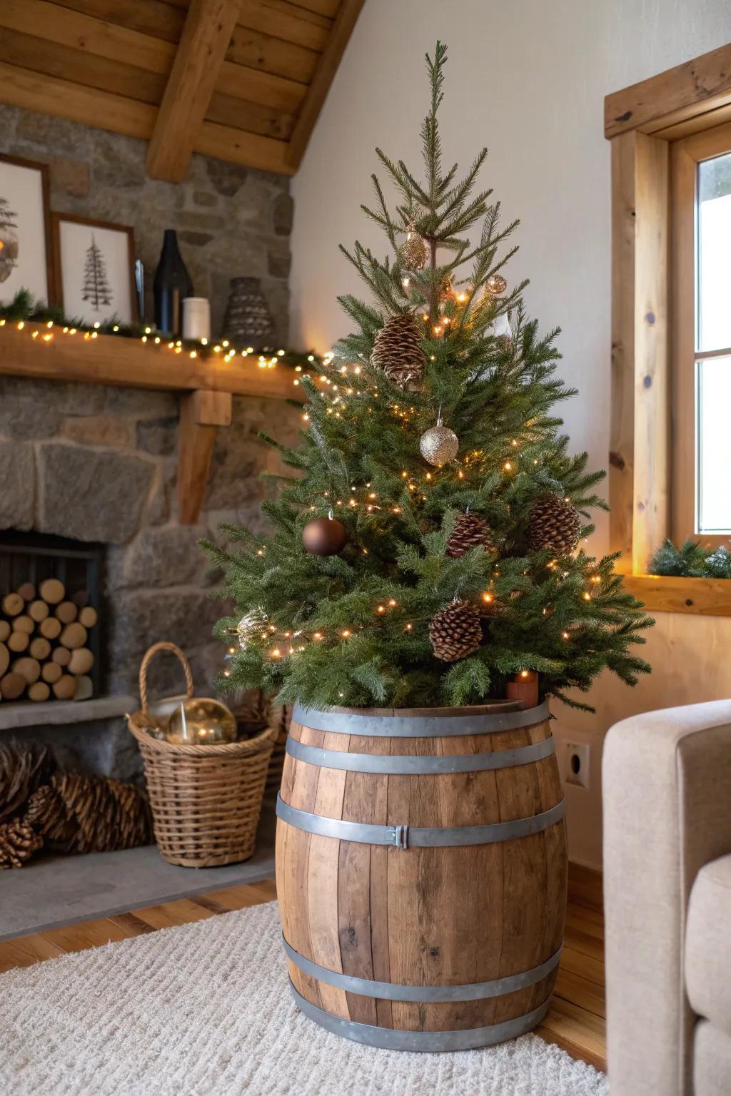 Wooden barrels bring the outdoors inside.