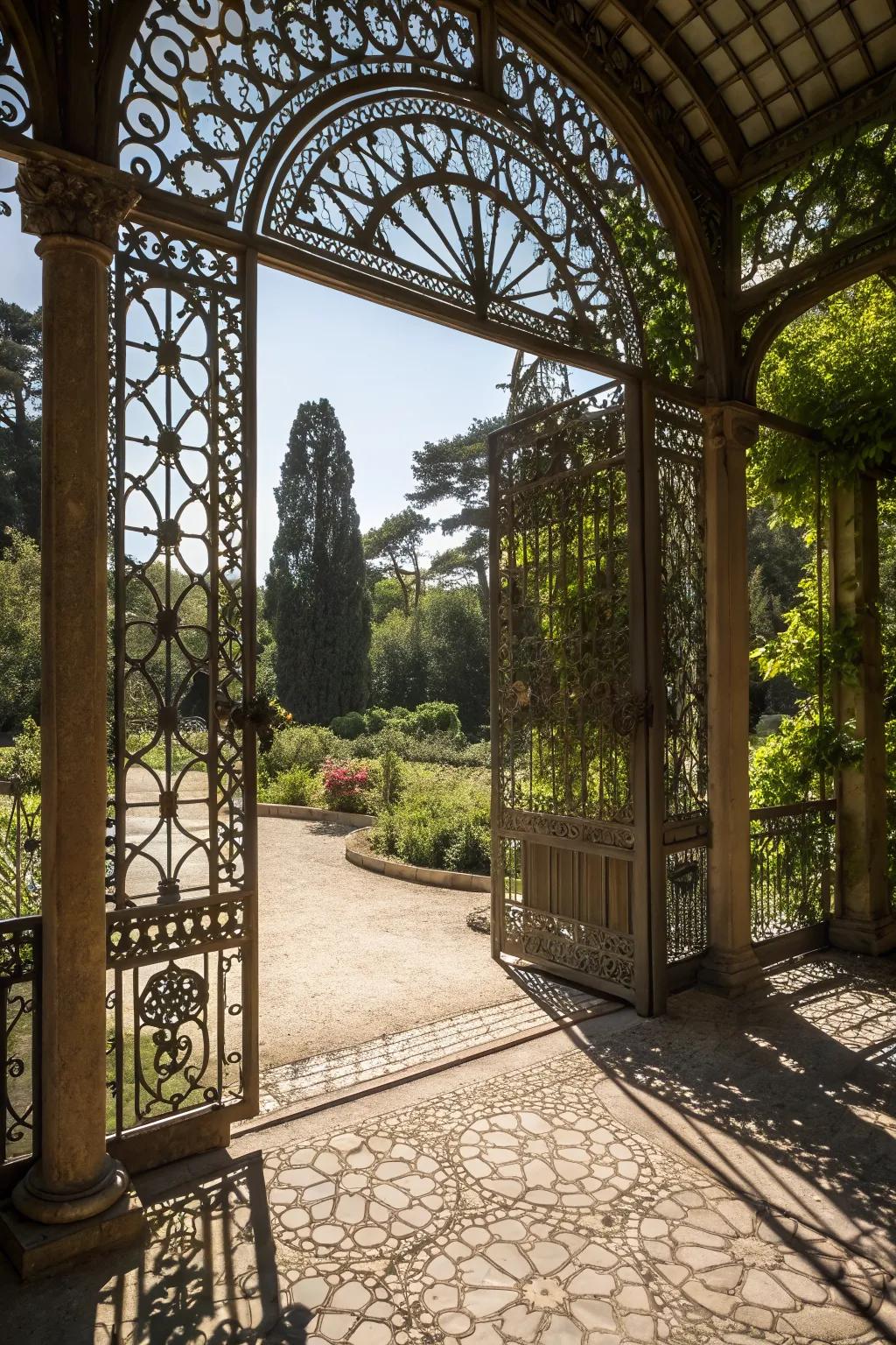 An artistic metalwork trellis gate that stands as a garden centerpiece.