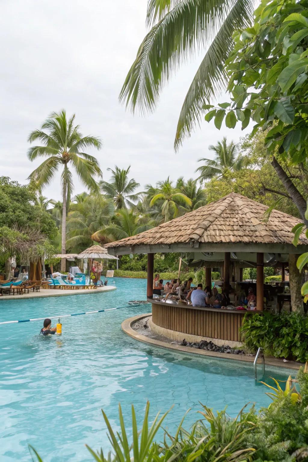 A swim-up bar offers fun and convenience in your tropical oasis.