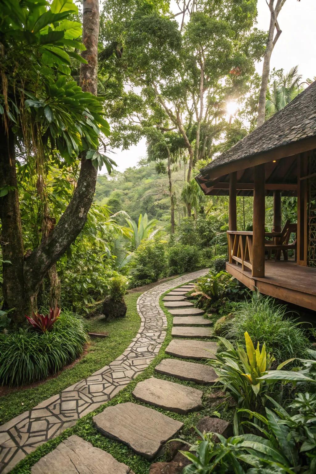 Stone pathways add a rustic feel to the tropical deck.