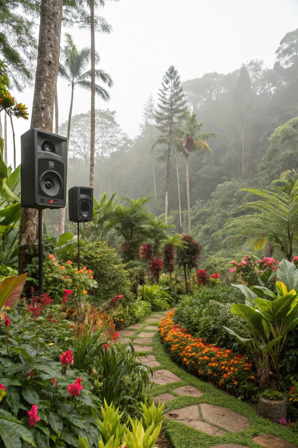 Rainforest sounds create an immersive garden experience.