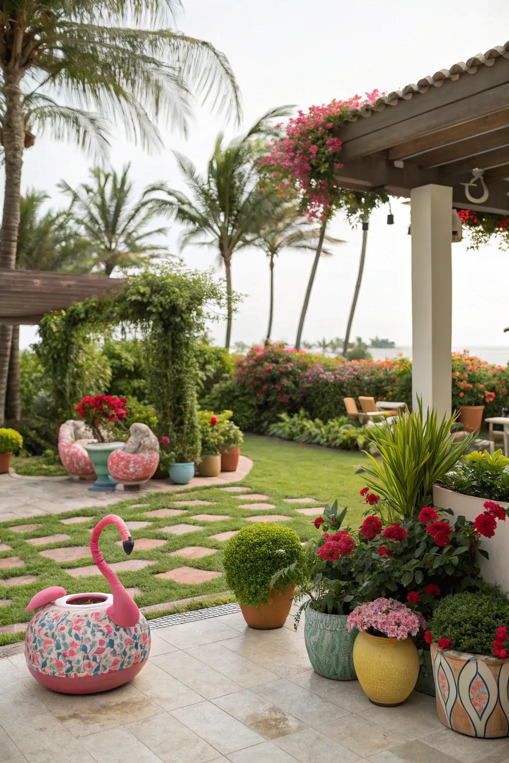 Whimsical decor like quirky planters adds a playful touch to this patio.