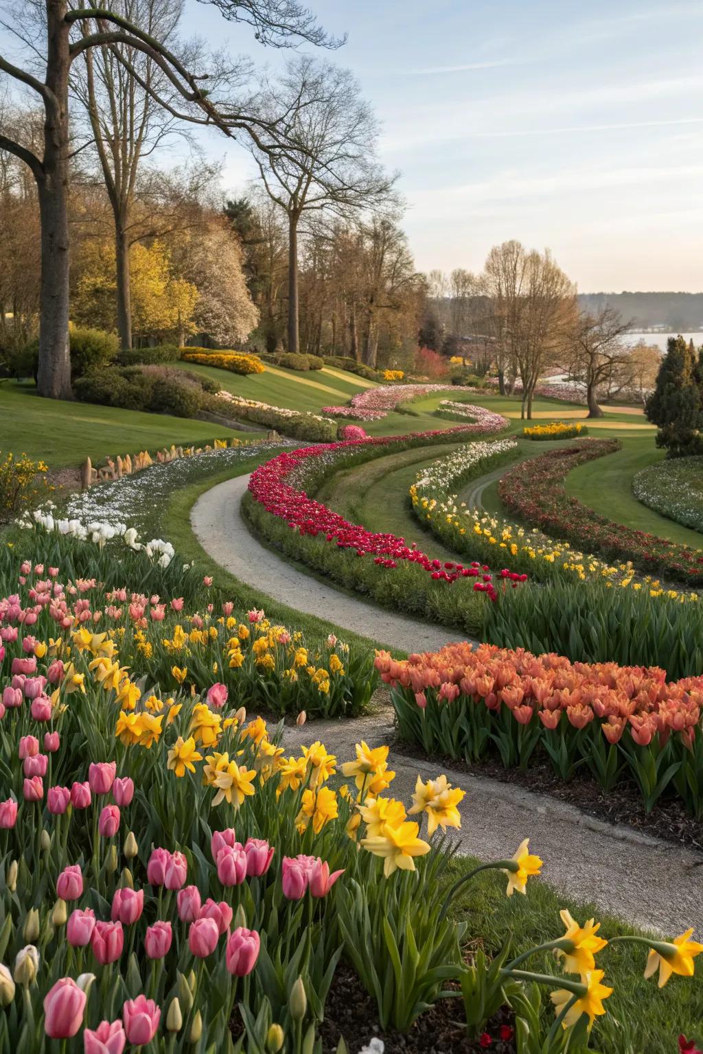 Artistic swirls of tulips and daffodils adding whimsy to the garden.