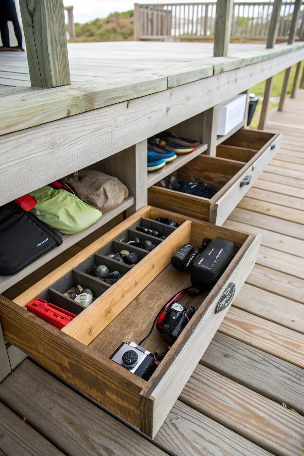 Keep your under-deck space tidy with clever hidden storage solutions.