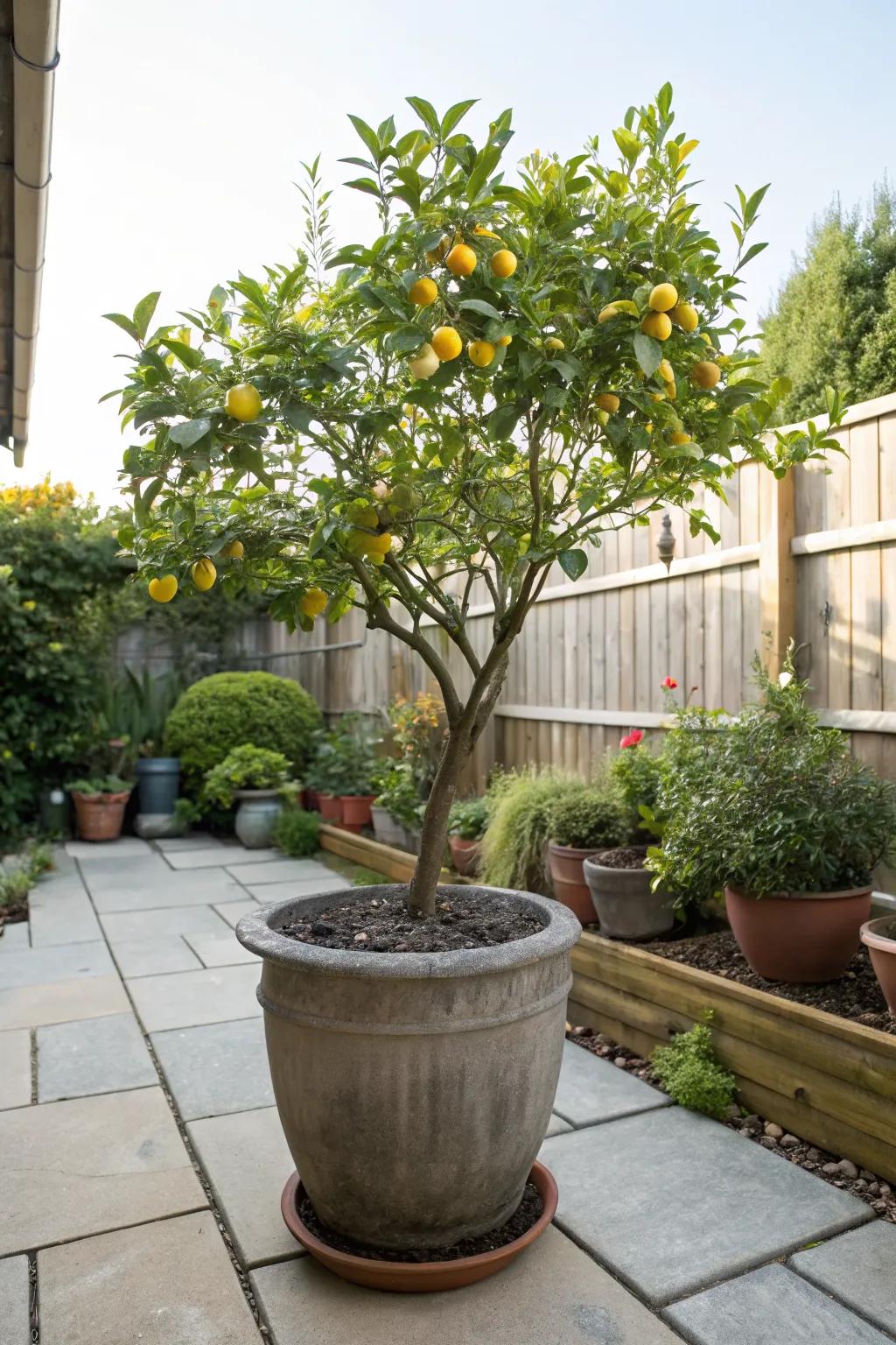 A large pot with a dwarf fruit tree offering patio-grown fruits.