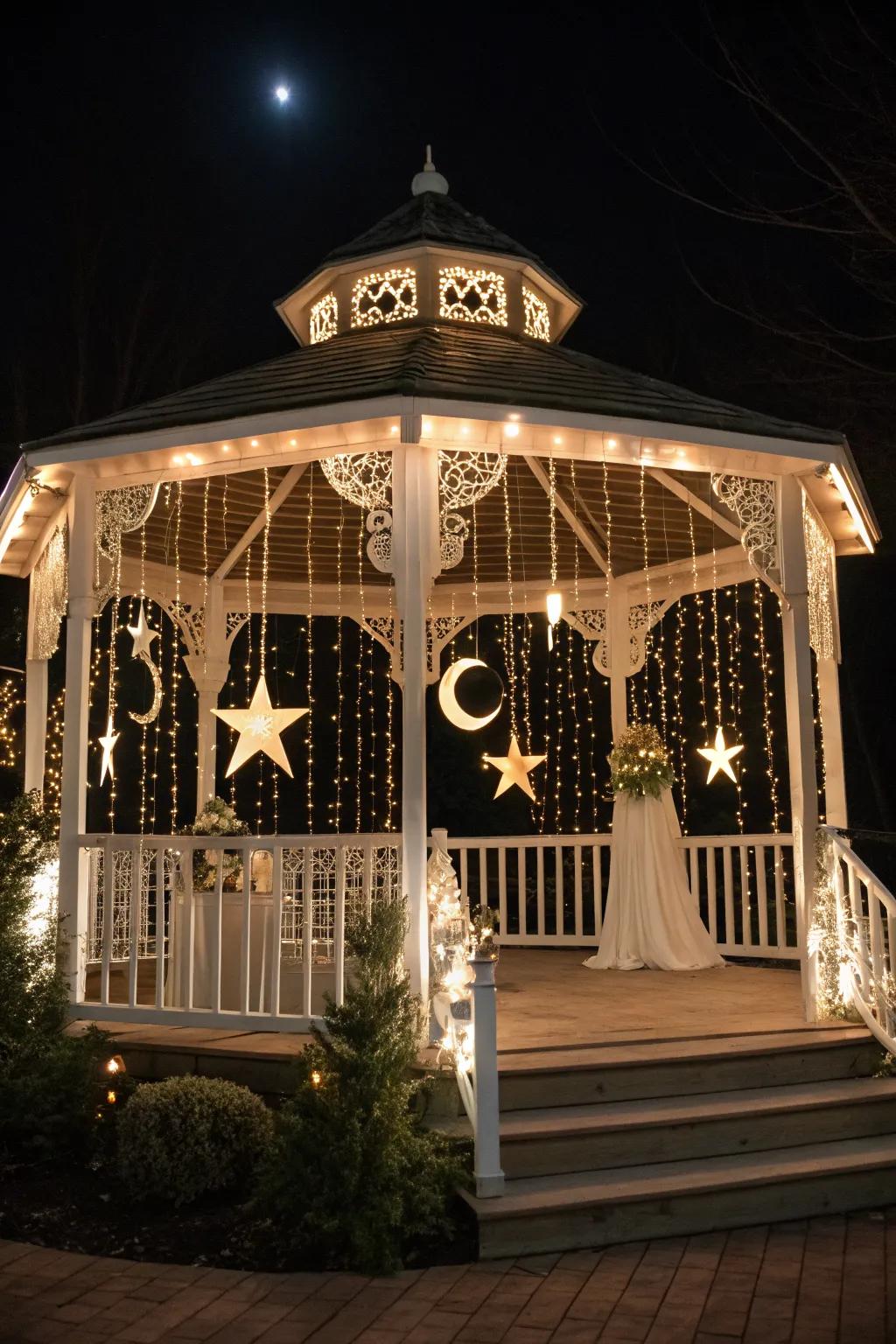 Stars and moons create a celestial theme for this gazebo.