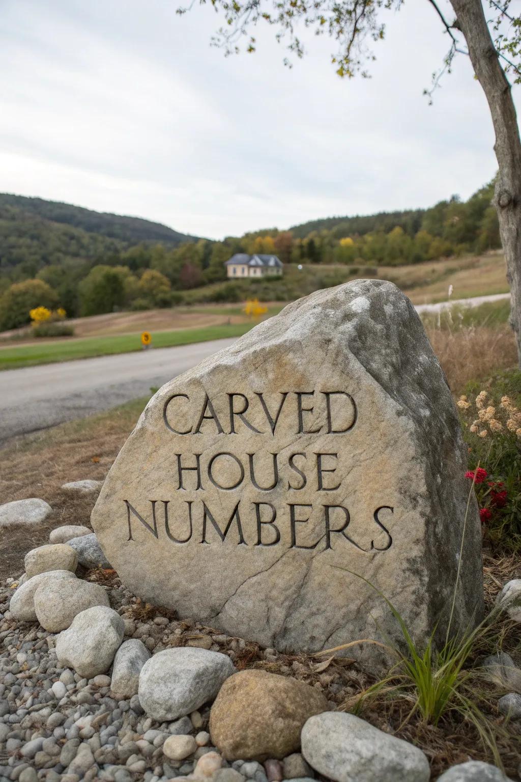 House numbers carved into a large landscape stone.