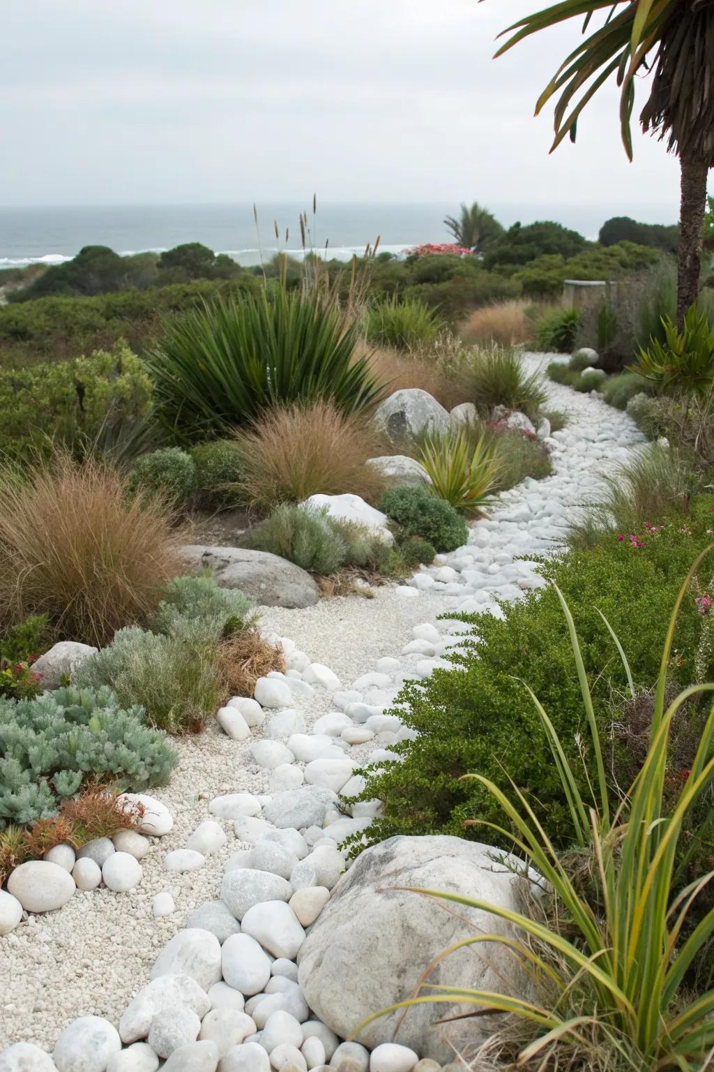 White rocks paired with coastal plants create a relaxing beach vibe.