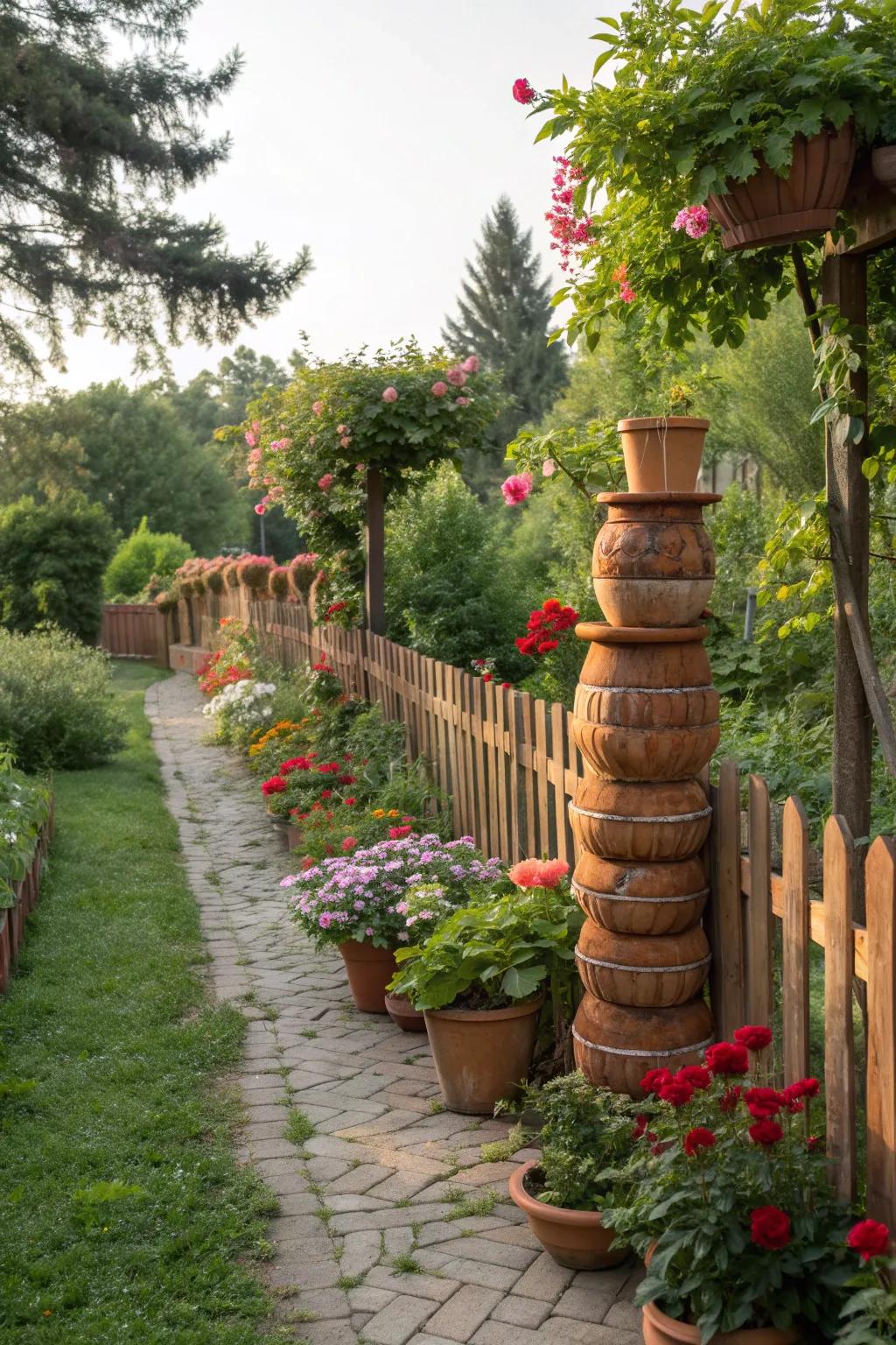 Terracotta pot fences bring whimsy and effective wind reduction to your garden.