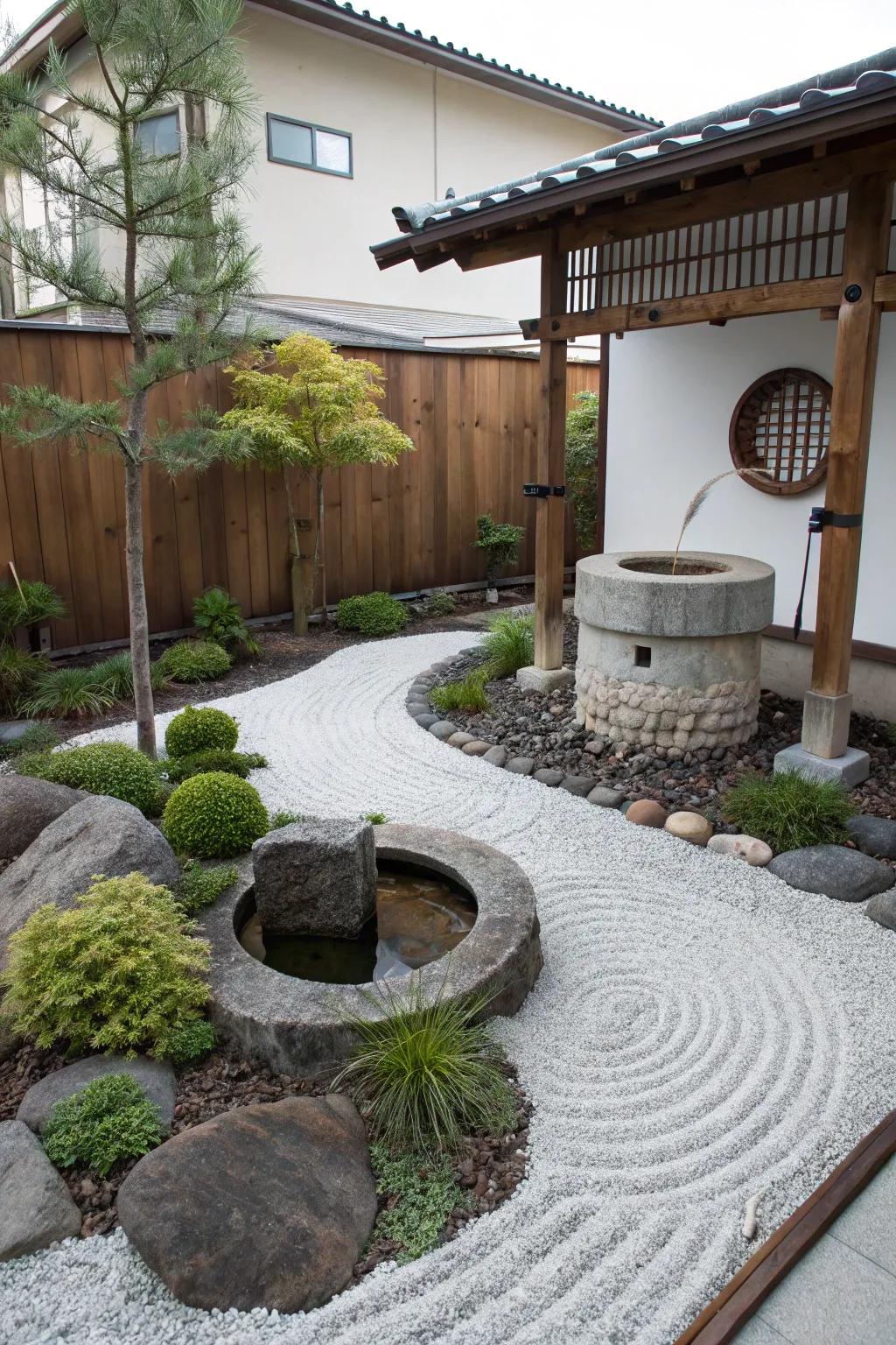 A serene Zen garden retreat featuring a peaceful wishing well.