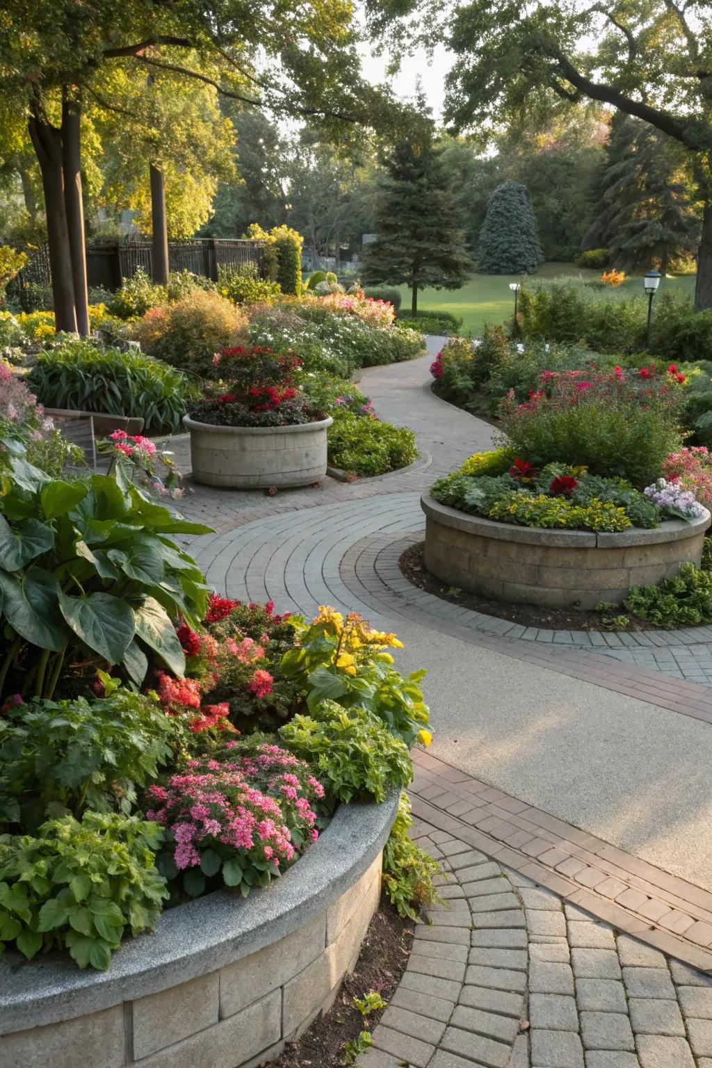 A seasonal display area keeps the garden fresh and intriguing.