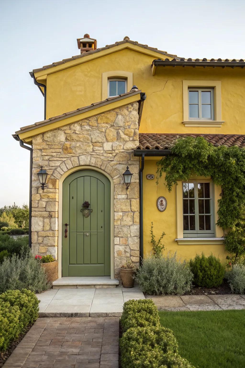 Olive green doors bring rustic earthiness to yellow exteriors.