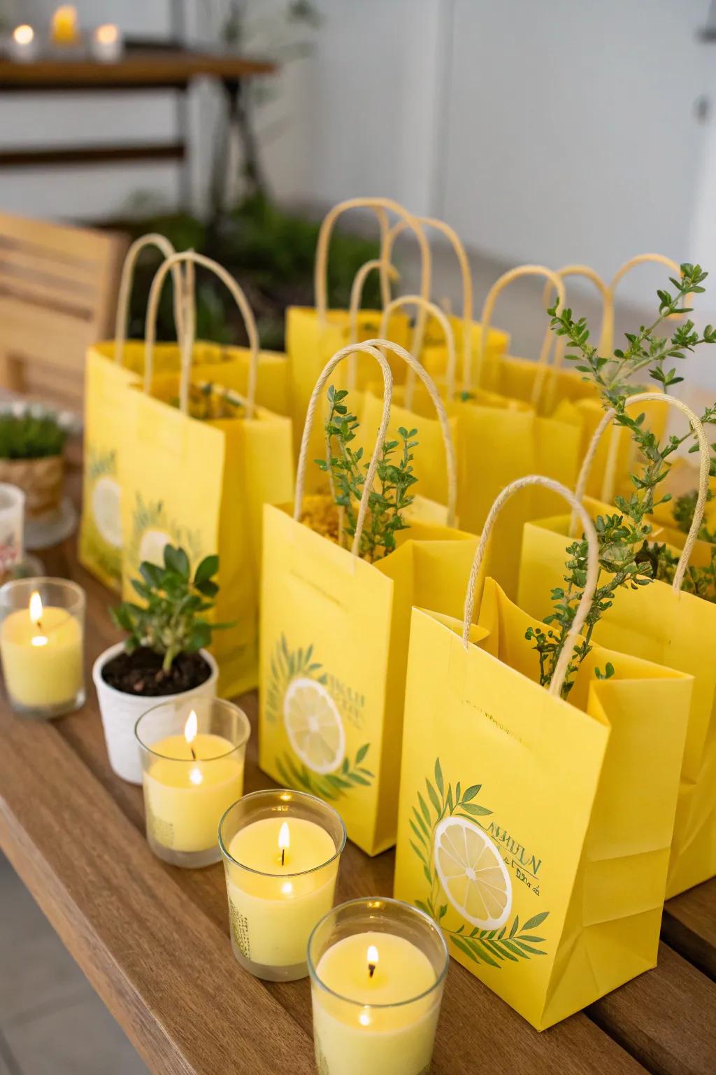 Yellow-themed gift bags filled with thoughtful treats for picnic guests.