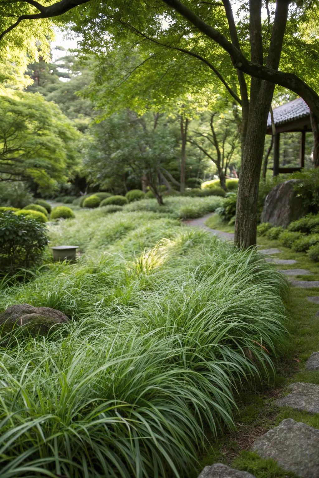 Japanese forest grass adds movement and elegance to shaded gardens.