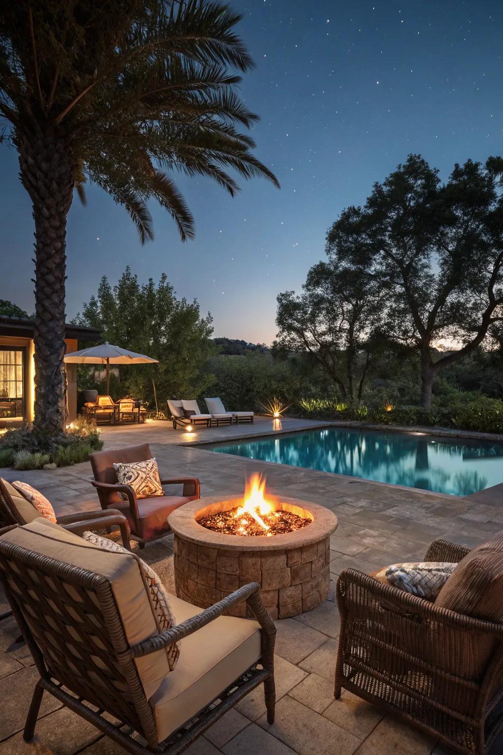 A cozy fire pit area next to the pool