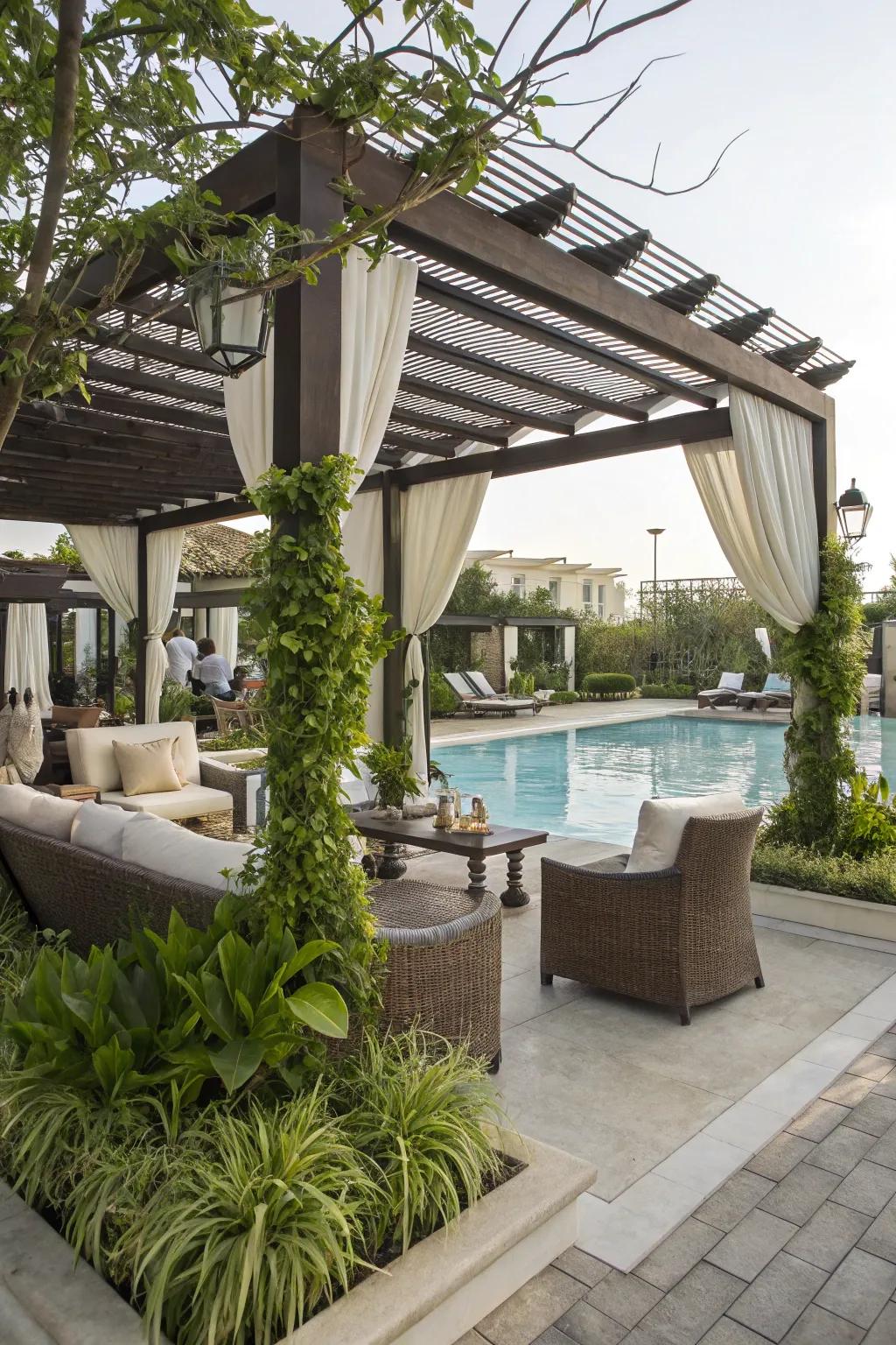 Find your perfect poolside retreat under a pergola.