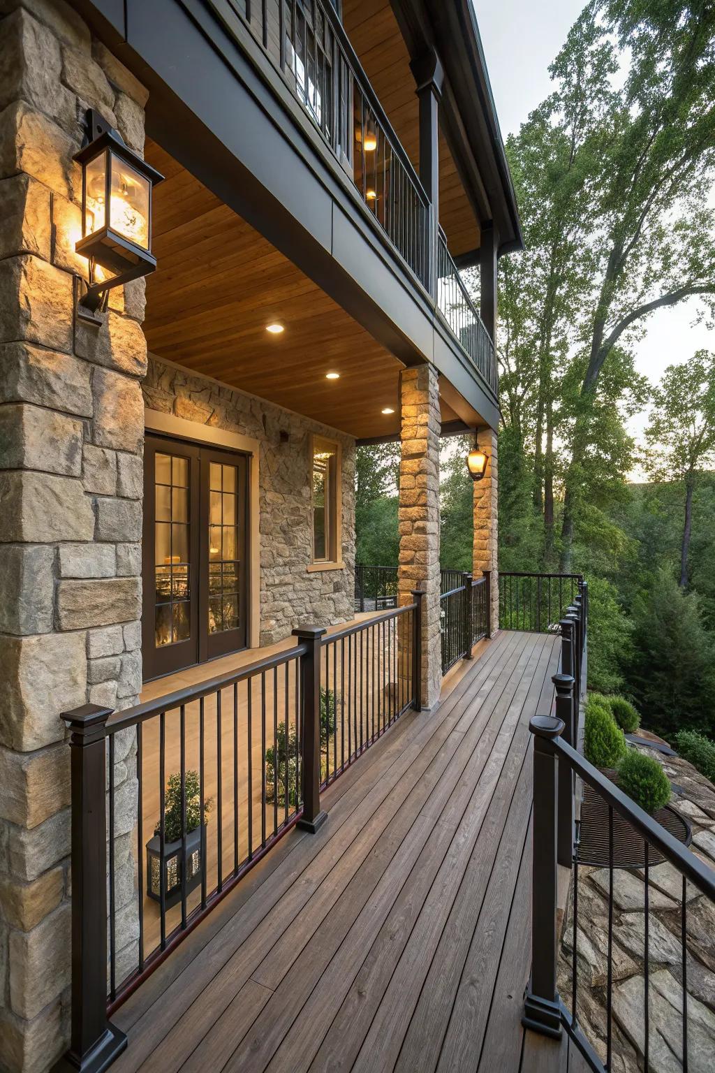 Blend materials for a sophisticated porch aesthetic.