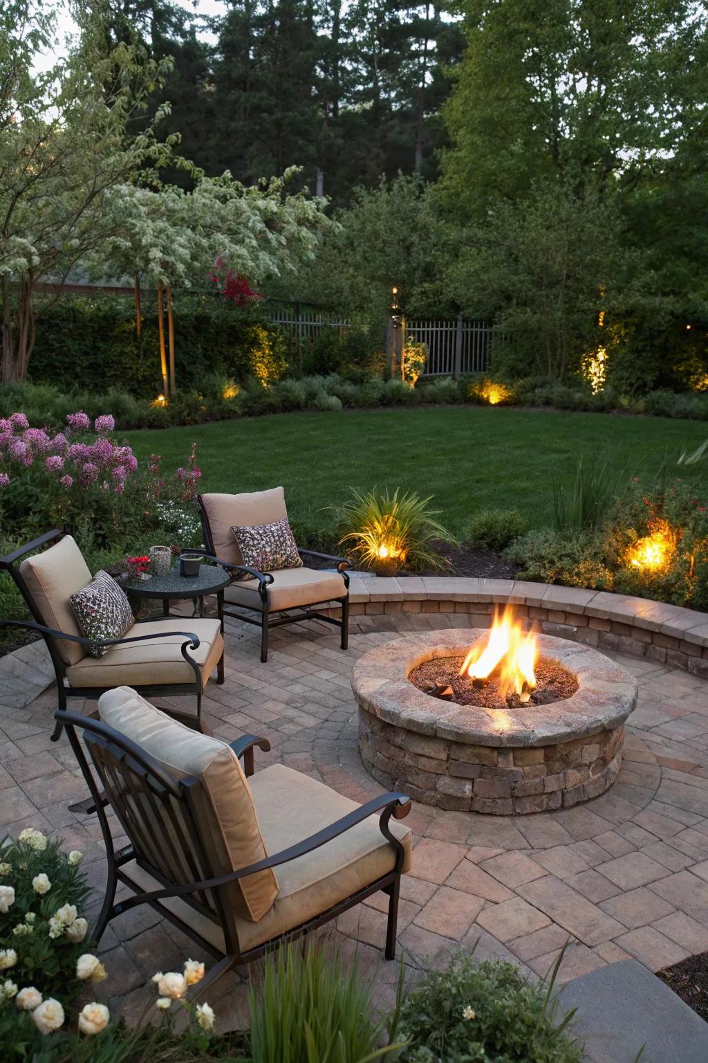 A fire pit creates a cozy ambiance for evening gatherings.