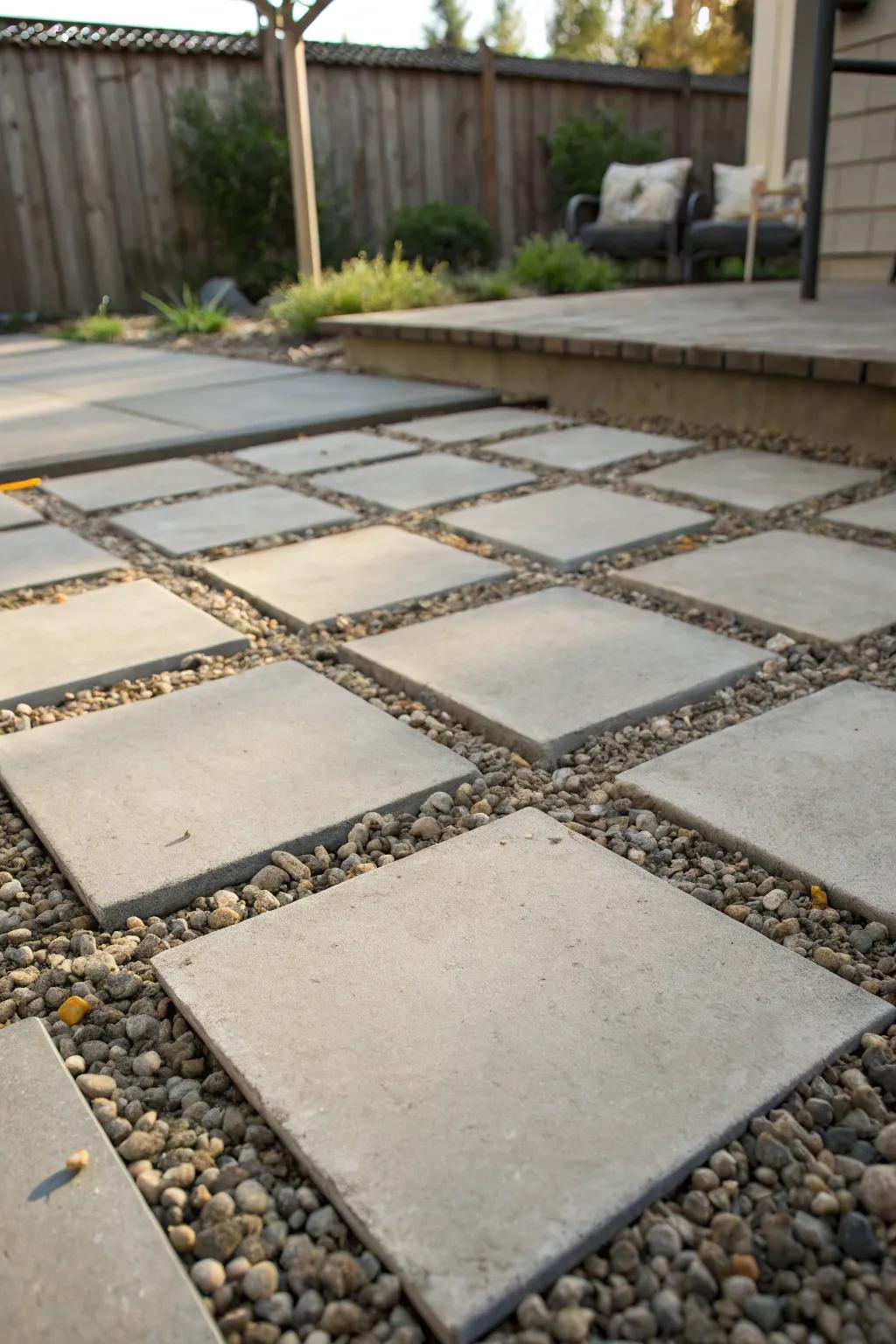 Concrete pavers and gravel make a striking combination for any patio.