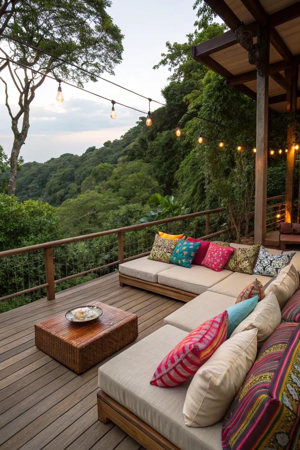 Cozy seating invites relaxation and comfort on the deck.