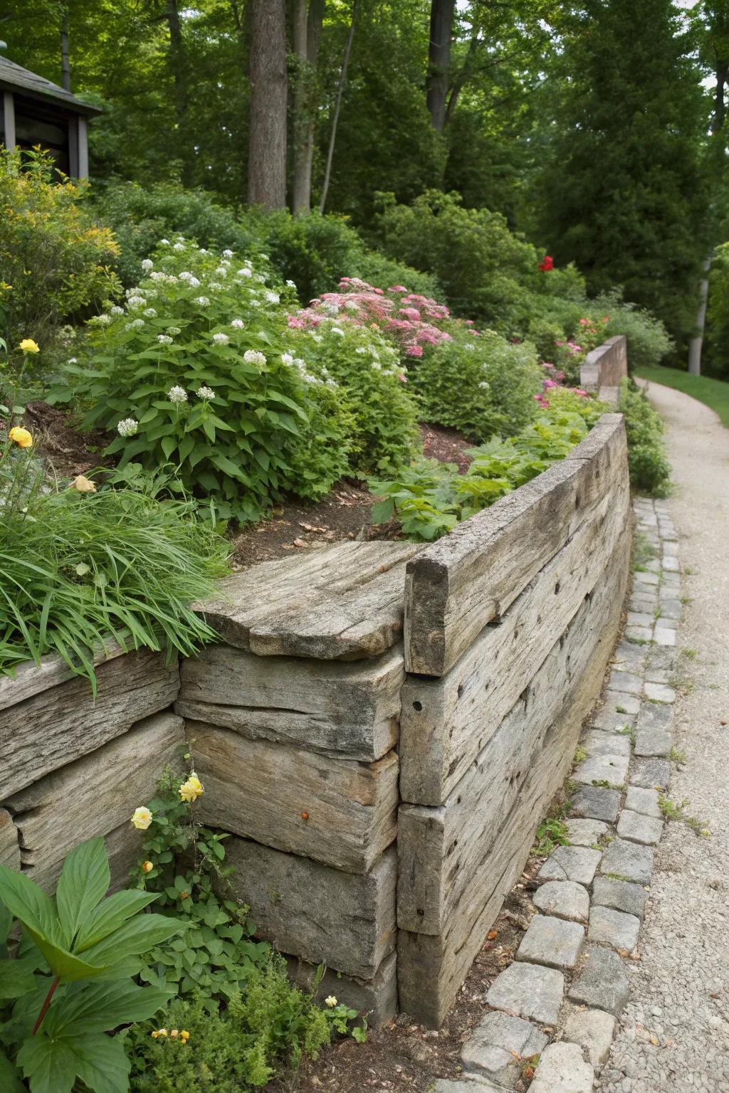 Capture rustic charm with a weathered wood retaining wall.