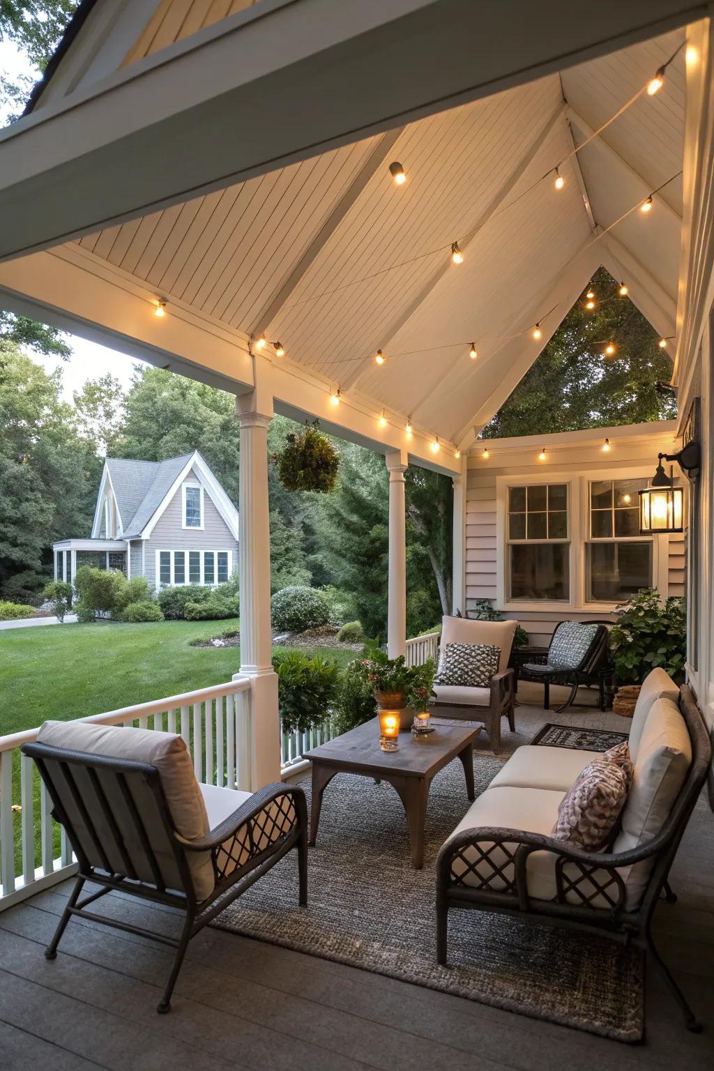 Comfortable seating makes this porch a perfect relaxation nook.
