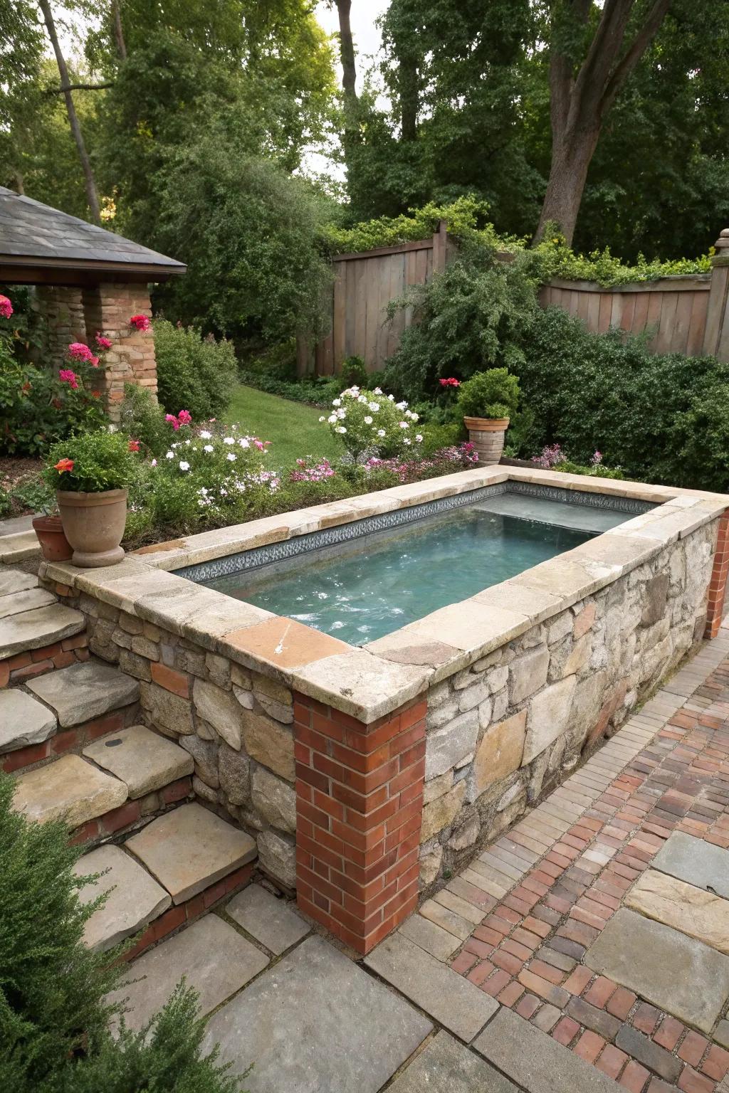 Add rustic charm with stone or brick accents around your pool.