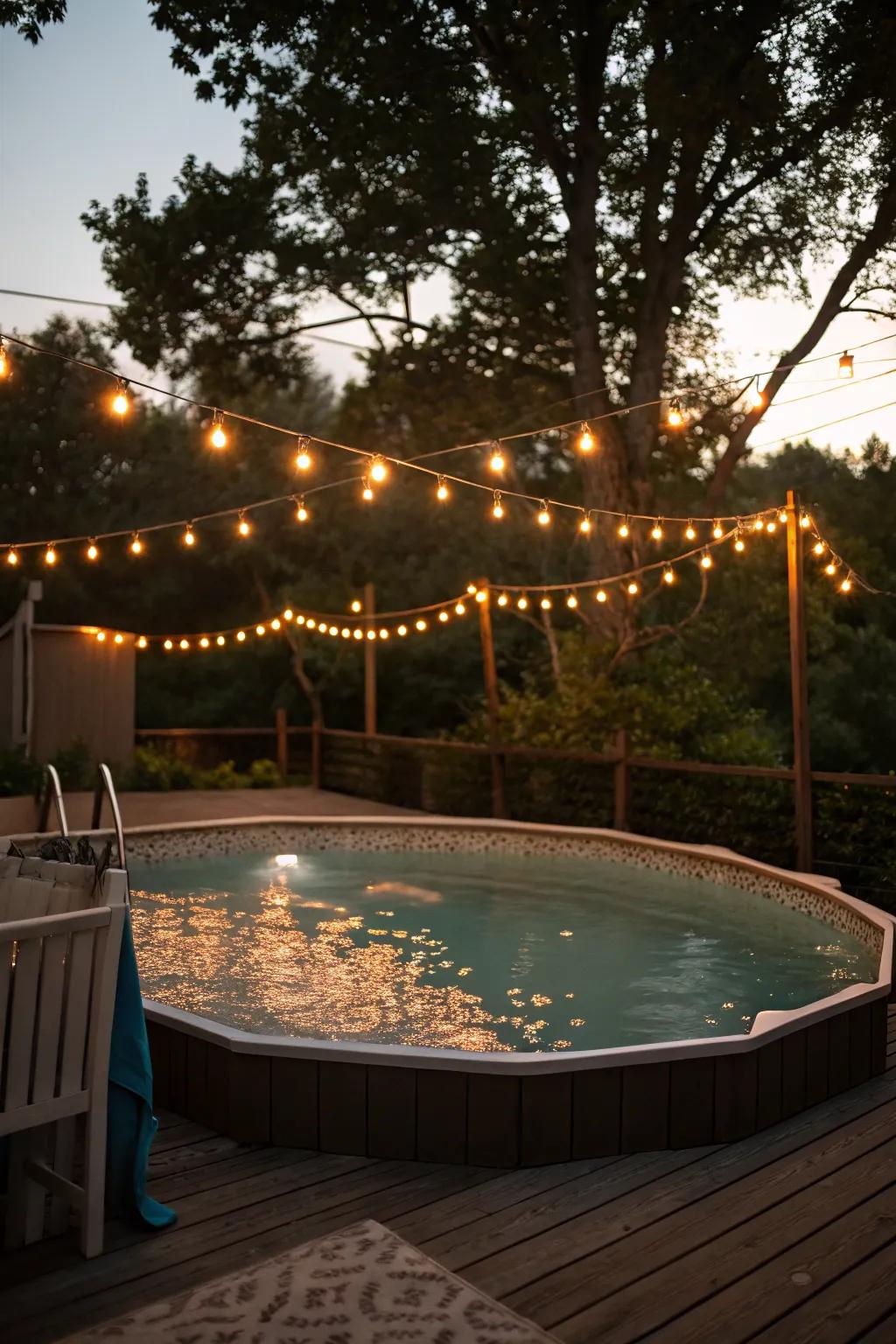 String lights add a magical touch to evening poolside gatherings.