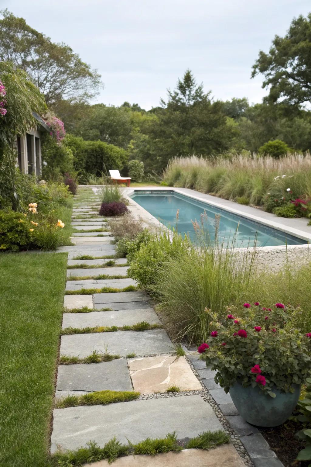 Stone pathways provide both beauty and function in a poolside setting.