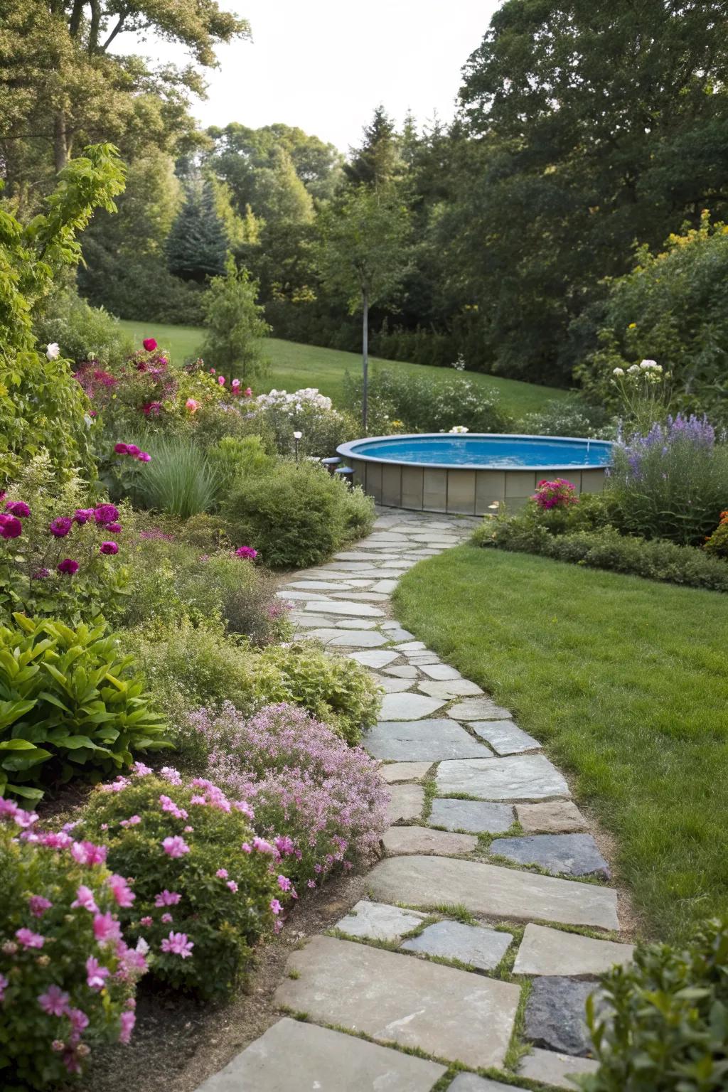 Stone pathways add elegance and keep feet clean around the pool.