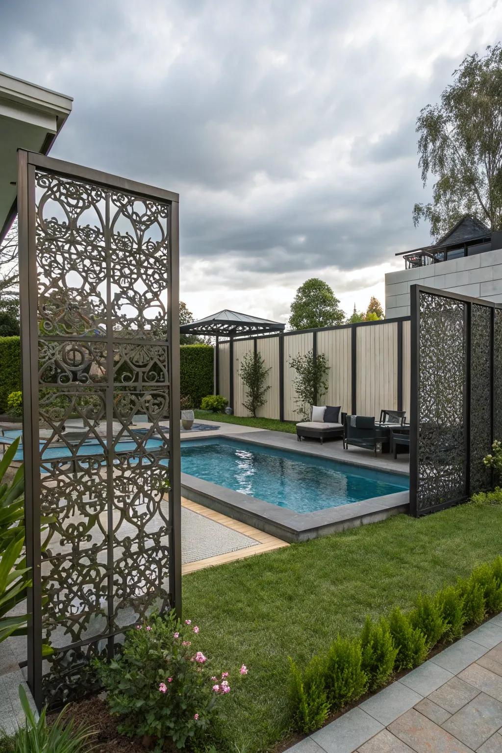 Decorative metal screens add modern elegance and privacy.