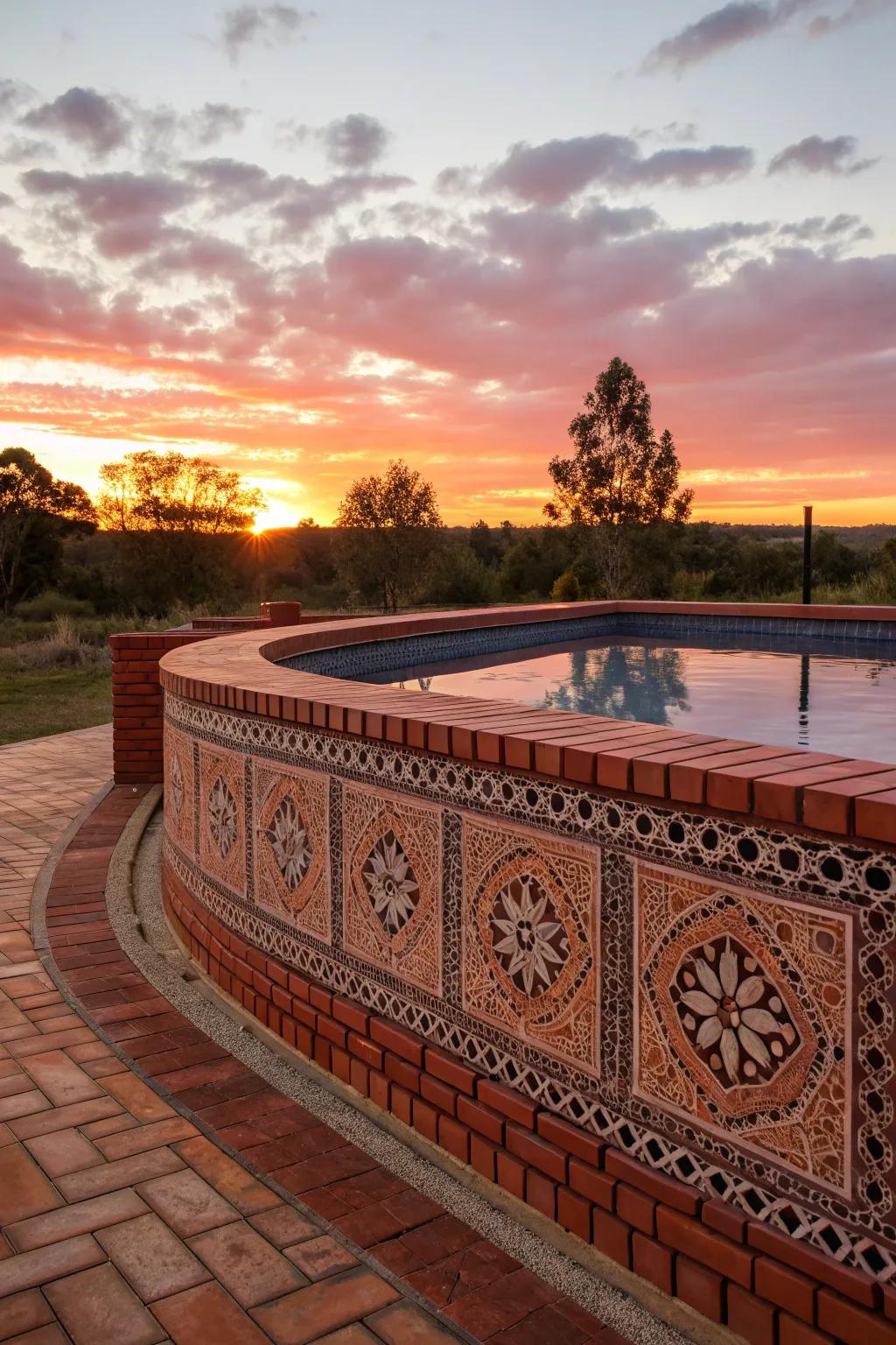 Elegant brickwork enhances the pool's visual appeal.