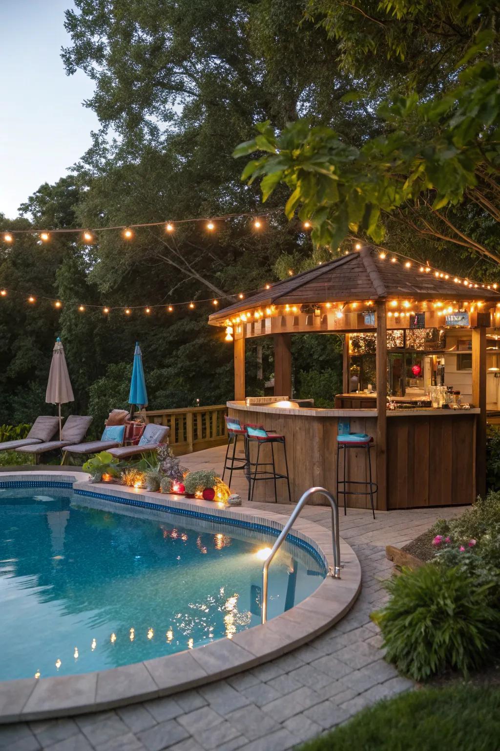 String lights add a touch of enchantment to your swim-up bar.