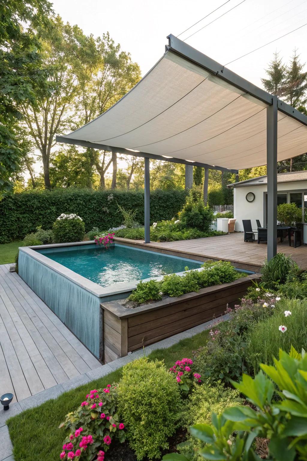 A modern shade sail adds style and coverage to a pool area.